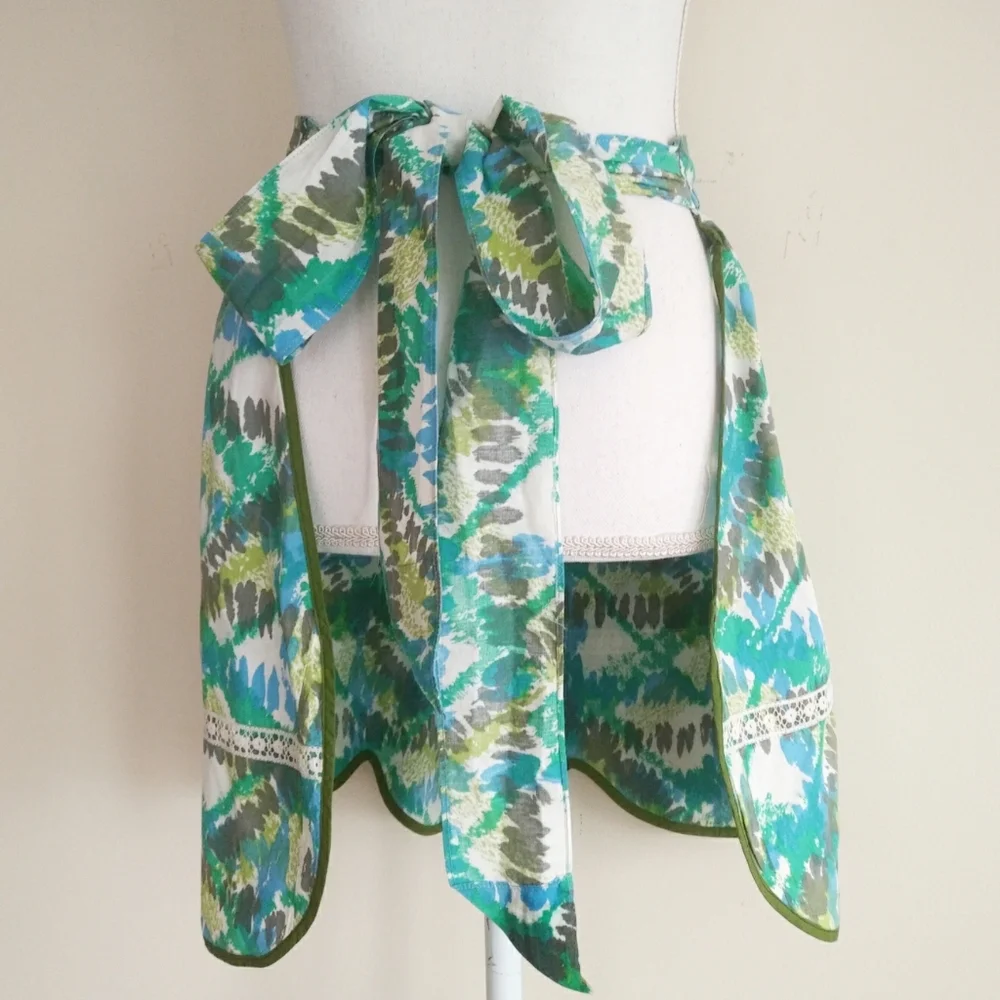 Vintage Handmade Half Tie Back Apron With Pockets 1960s Blue and Green Print